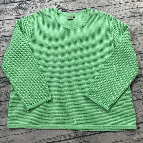 Focus Shirt Womens XL Waffle Knit Pullover Thermal Crewneck Bright Green - Picture 3 of 9